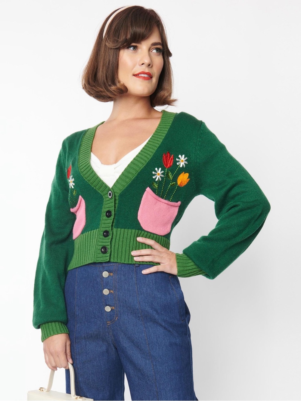 Smak Parlour Green & Pink Flower Pocket Cardigan XL / 1X